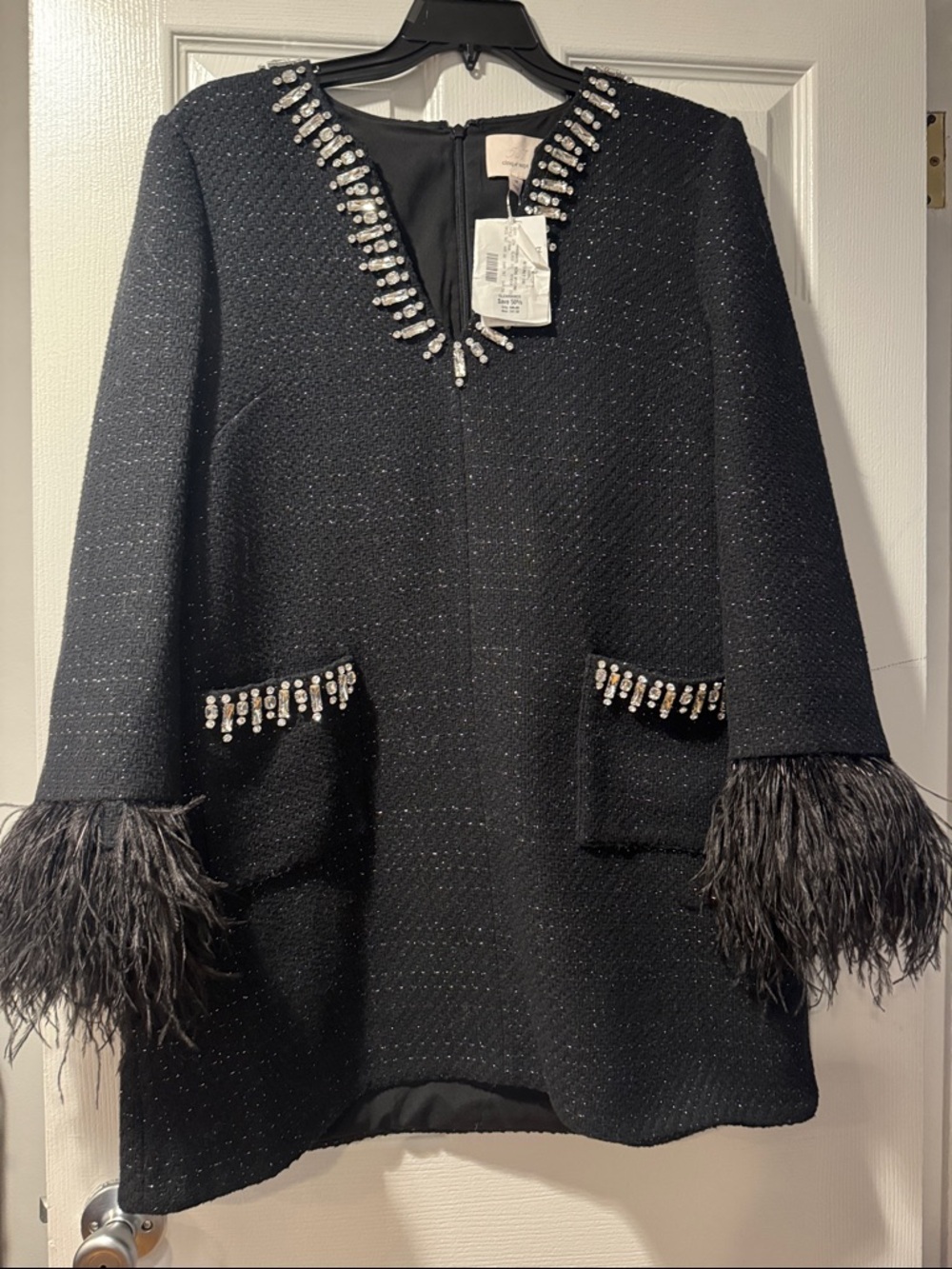 cinq a sept Black Embellished Tweed Cape with Feather Cuffs